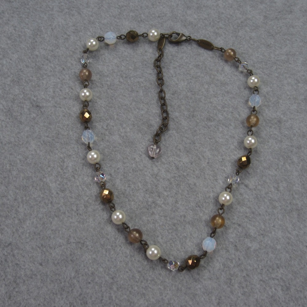 Sabika Classics Necklace Beaded Pearls Bronze Tone Crystals Extender Heart Charm